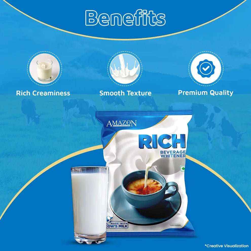 AMAZON RICH beverage whitener 500g pack with a glass of milk and a cup of tea showing creamy texture benefits
