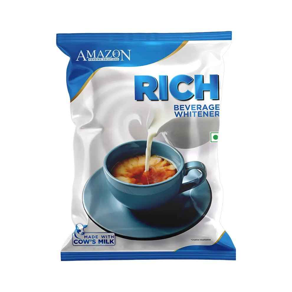 AMAZON RICH beverage whitener 500g pack with image of tea cup and pouring milk