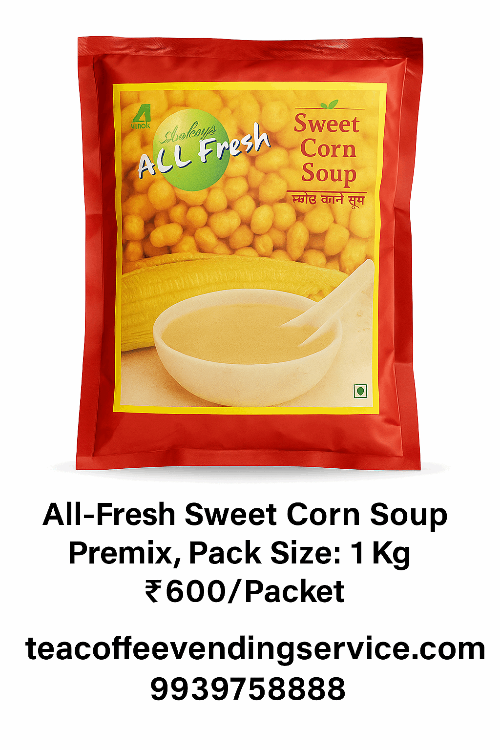 All-Fresh Sweet Corn Soup Premix 1kg pack with a bowl of soup and corn kernels on red packaging