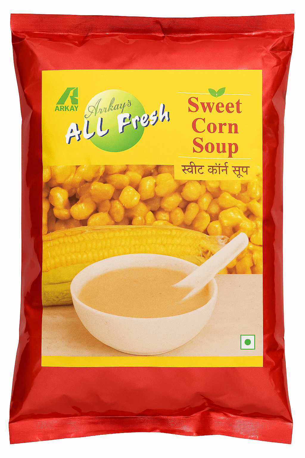 Sweet corn soup premix packet from Tea coffee vending service with image of corn and bowl of soup