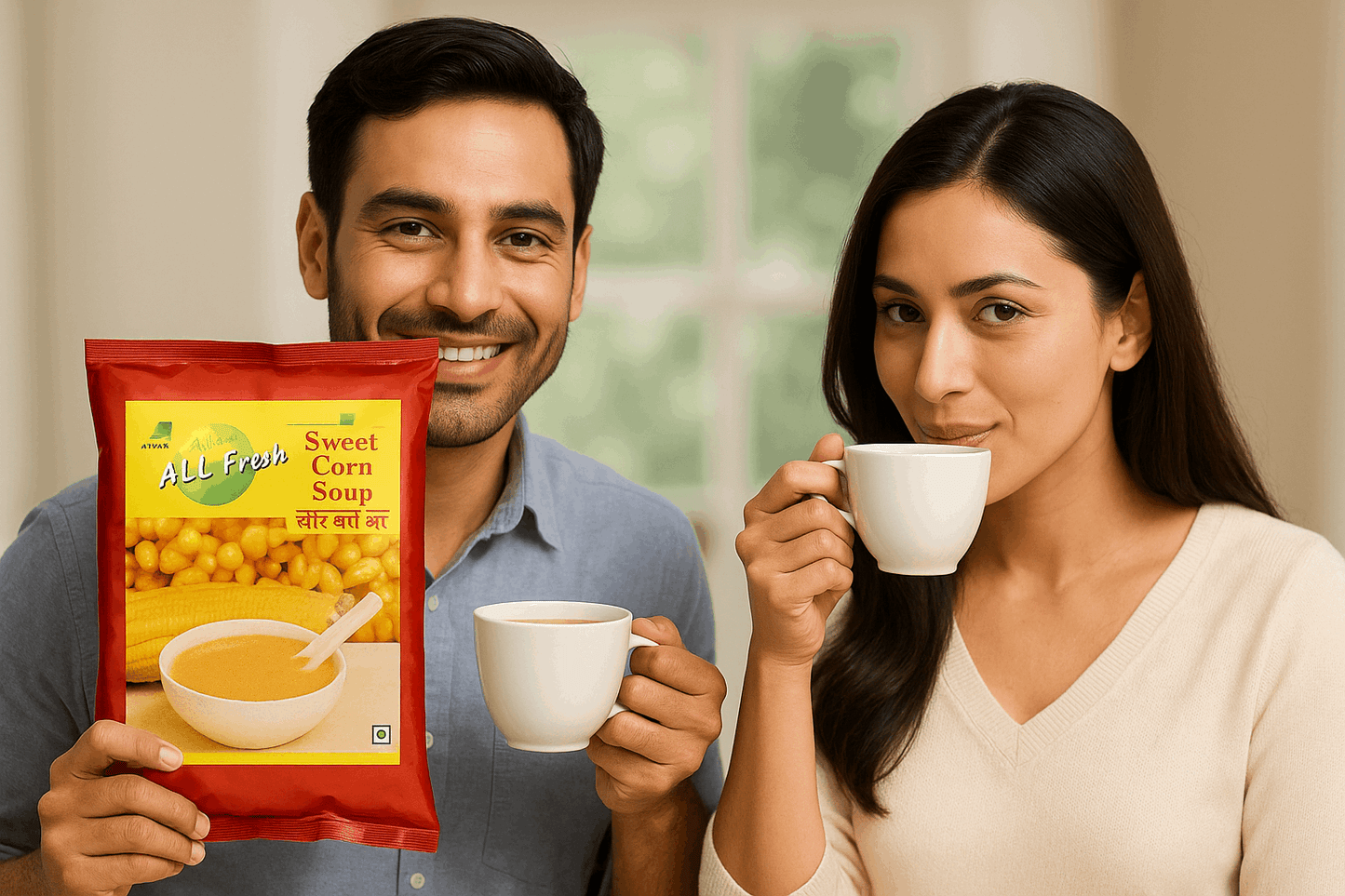 Man and woman enjoying hot drinks with a packet of sweet corn soup premix by tea coffee vending service