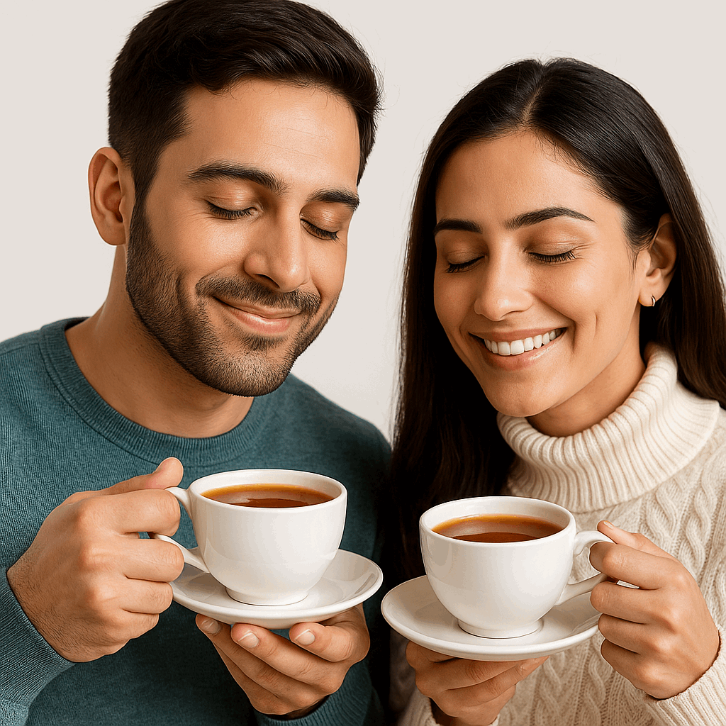 Smiling man and woman enjoying hot soup premix served in white cups with saucers indoors