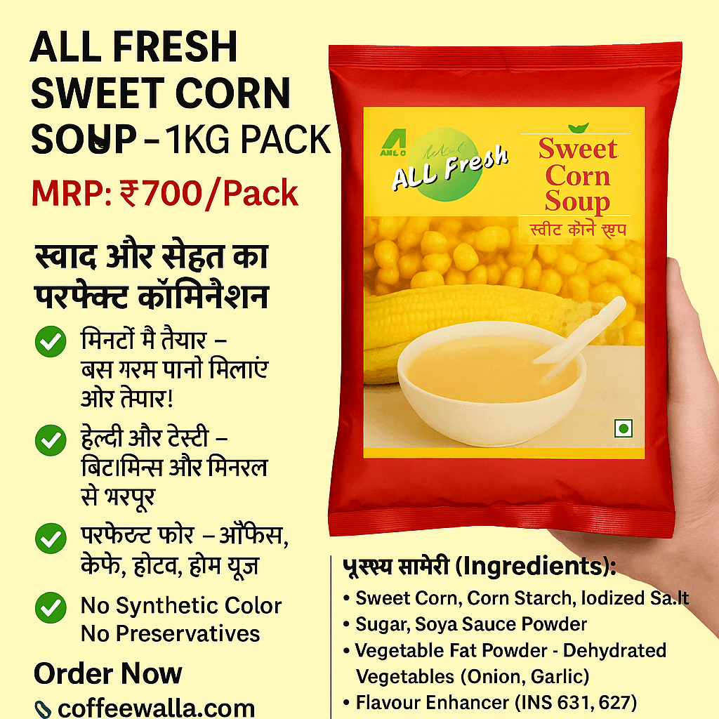All Fresh Sweet Corn Soup premix 1kg pack with natural ingredients and no synthetic colours
