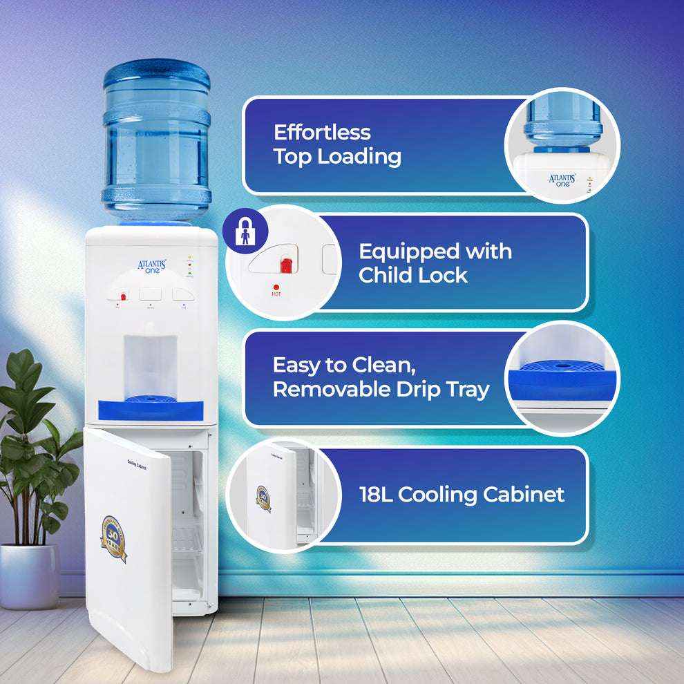 Atlantis 18L water dispenser with cooling cabinet featuring top loading, child lock, removable drip tray, and 18L cooling cabinet