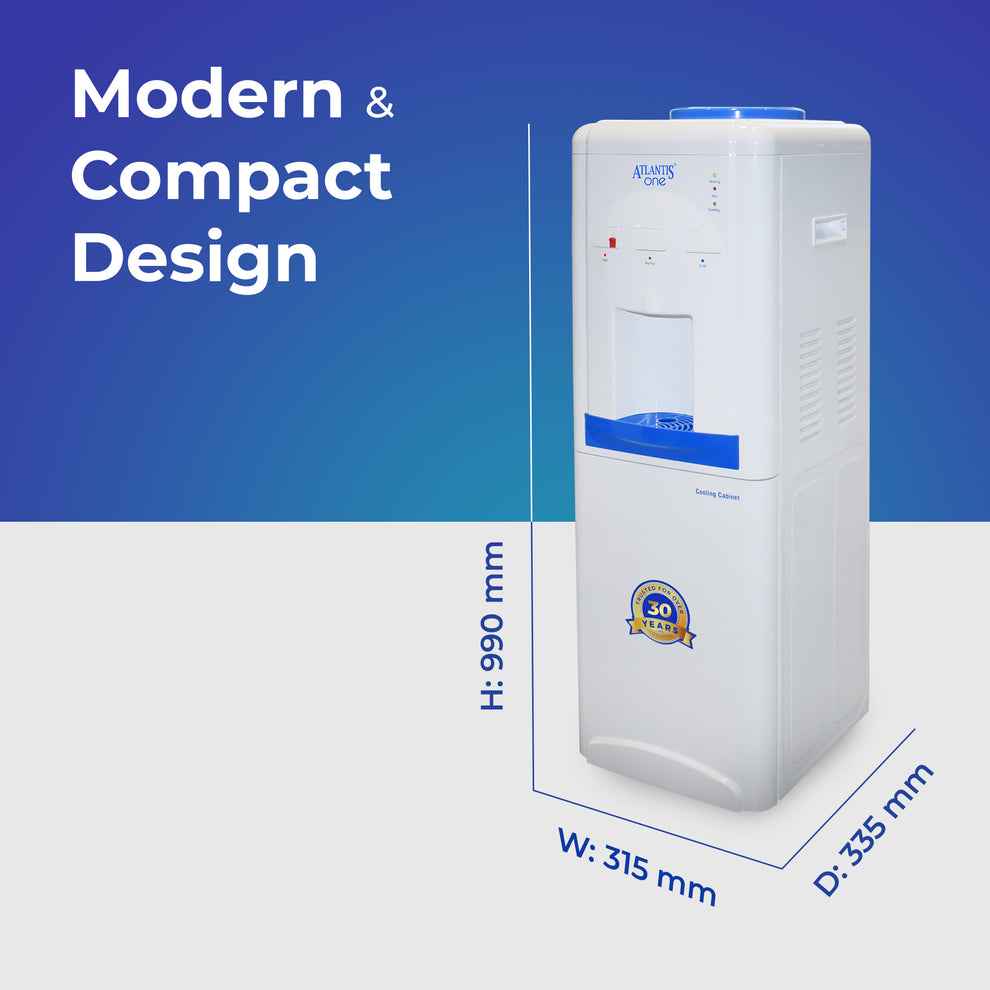 Atlantis 18L water dispenser with cooling cabinet in white with compact modern design and blue accents