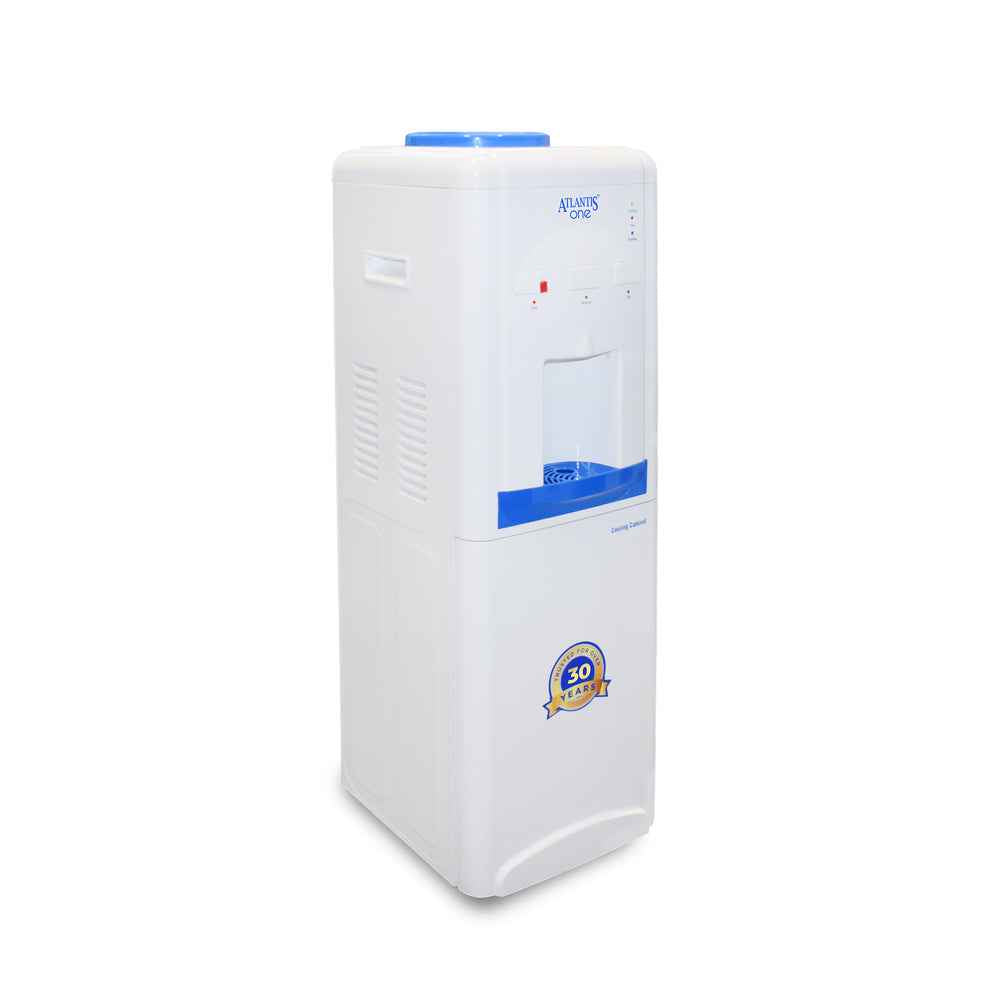 Atlantis 18L water dispenser with cooling cabinet in white with blue accents and 30 year warranty badge