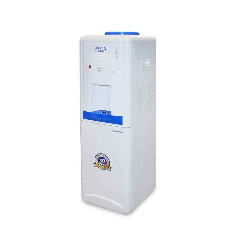 Atlantis 18L water dispenser with cooling cabinet in white with blue accents and dual tap system