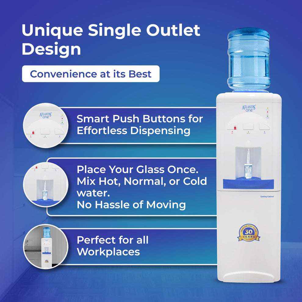 Atlantis 18L water dispenser with cooling cabinet featuring single outlet and smart push buttons