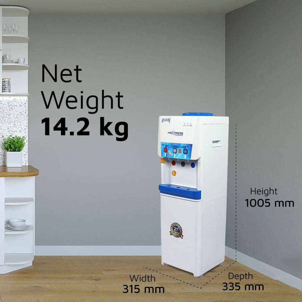 Atlantis Airpress 3 tap water dispenser white with blue accents standing in room showing dimensions and net weight