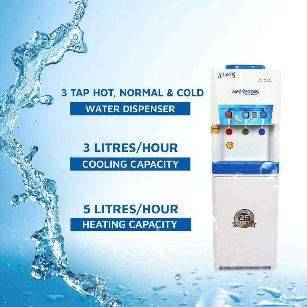 Atlantis Airpress 3 tap water dispenser with hot normal and cold water taps and heating and cooling capacity