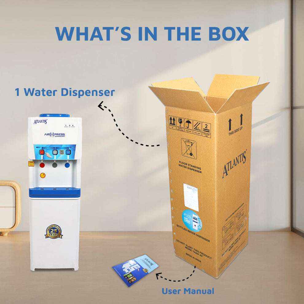 Atlantis Airpress 3 tap water dispenser next to its open cardboard packaging box and user manual