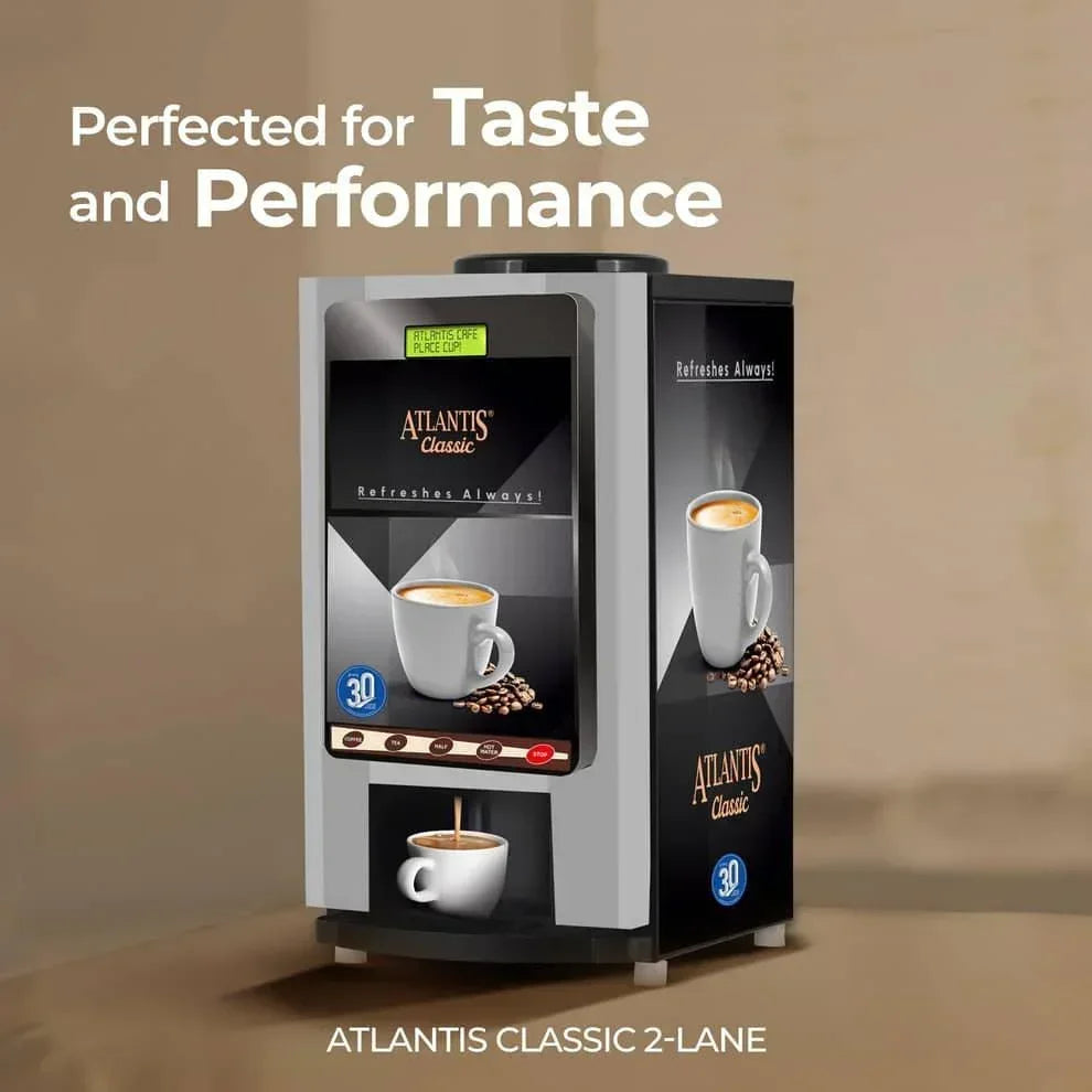COFFEE WALLA Atlantis Classic 2-lane tea and coffee vending machine with dual dispensing lanes and digital display