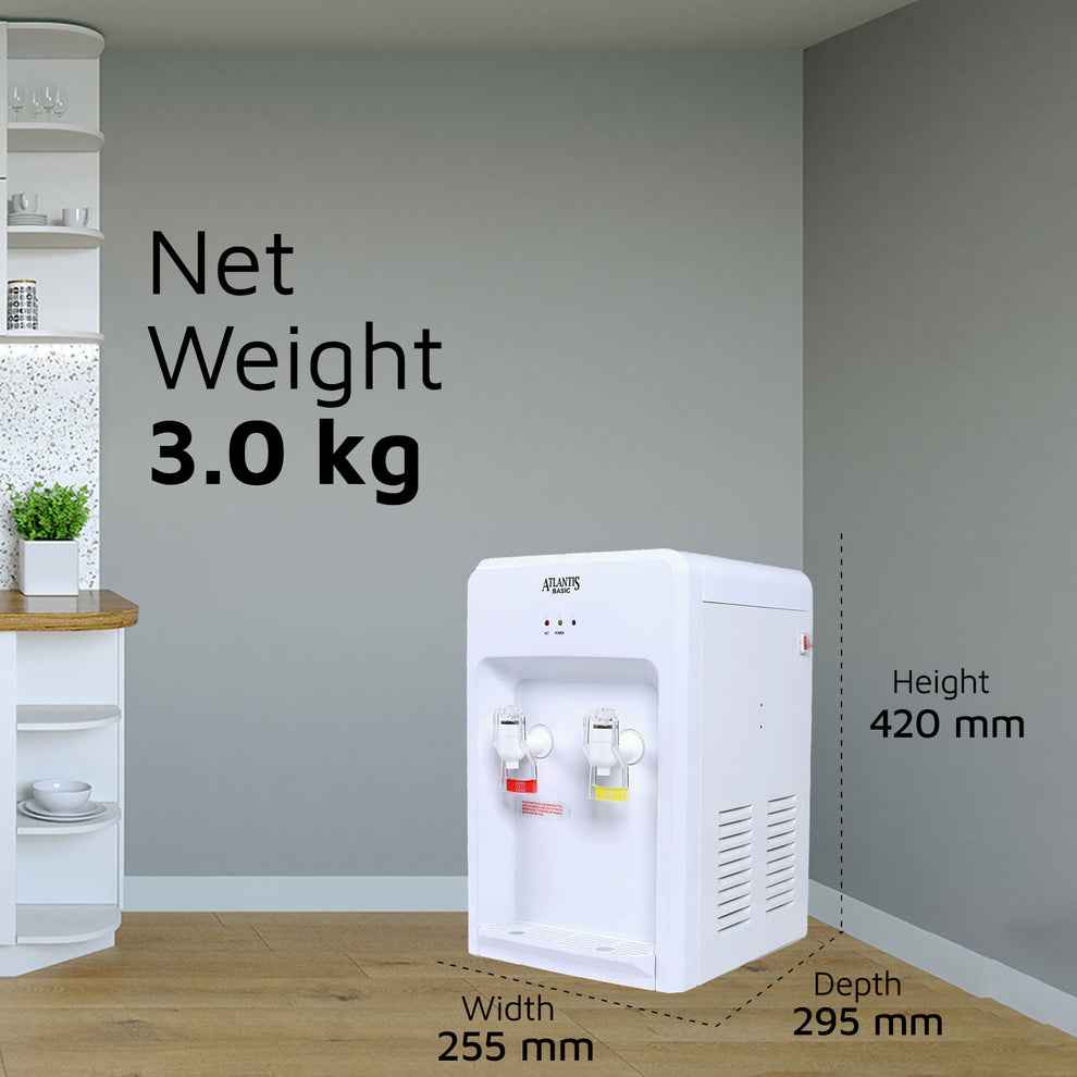 Atlantis Basic water dispenser white compact unit showing dimensions and weight in a kitchen setting