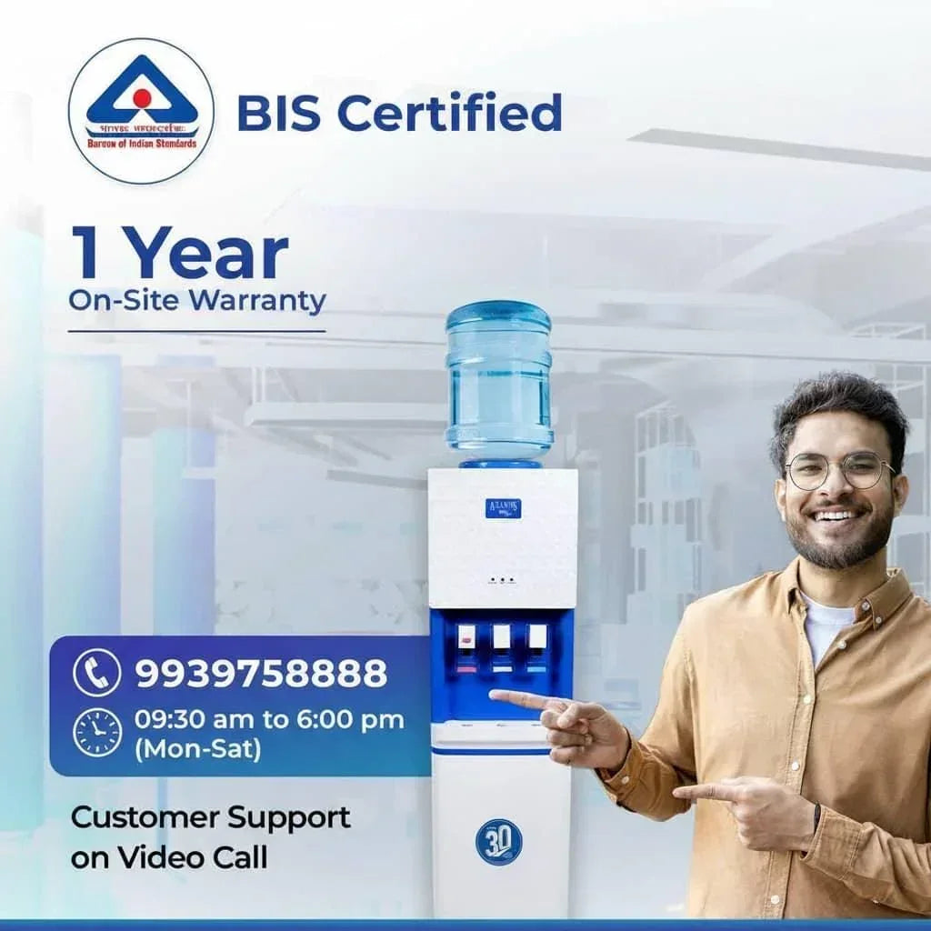 Atlantis Big Plus water dispenser for offices with a blue water bottle and a smiling man pointing at it