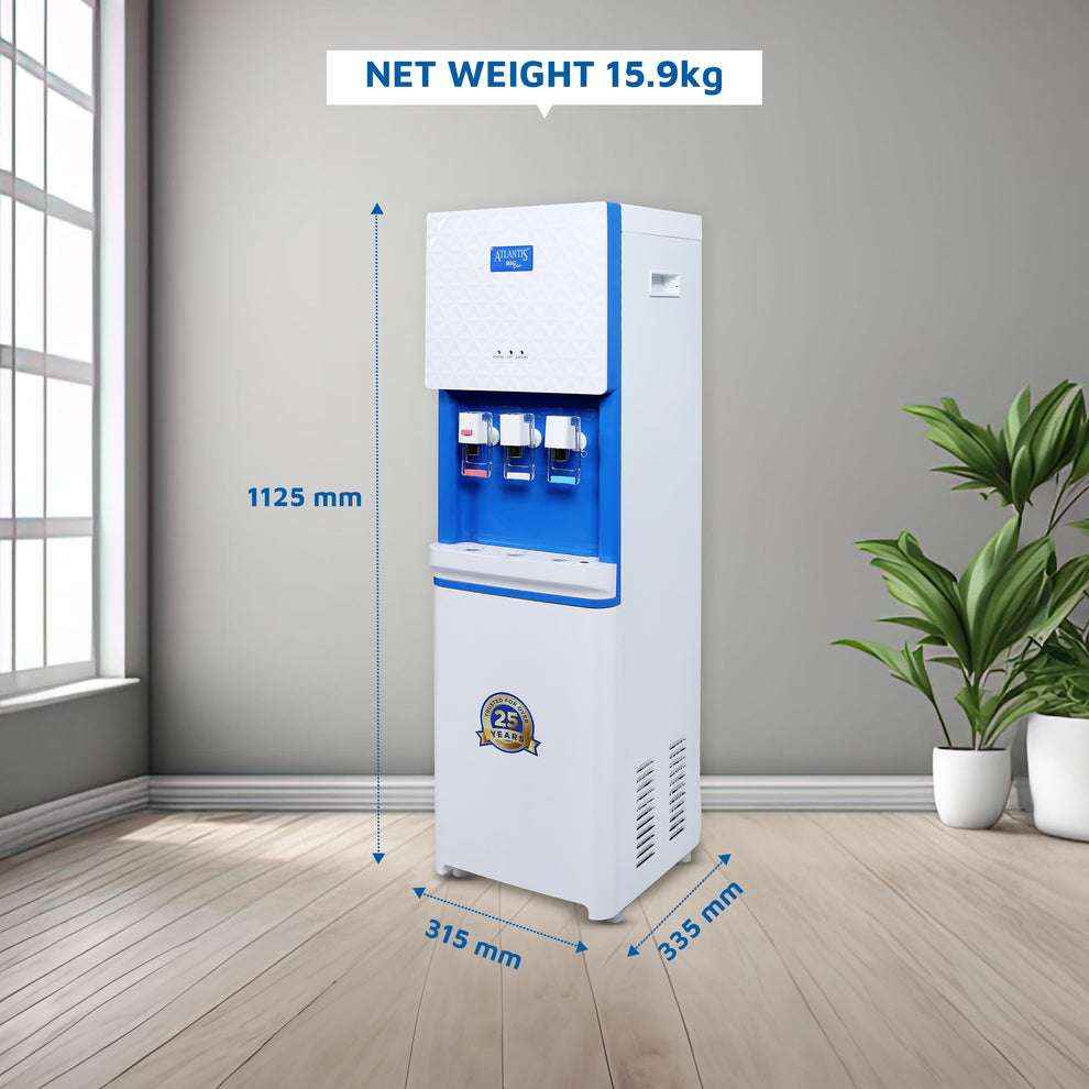 Atlantis Big Plus water dispenser for offices in white with blue accents showing dimensions and net weight