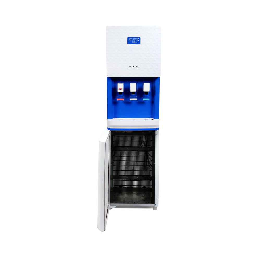Atlantis Big Plus water dispenser for offices with white and blue design featuring multiple taps and lower storage compartment