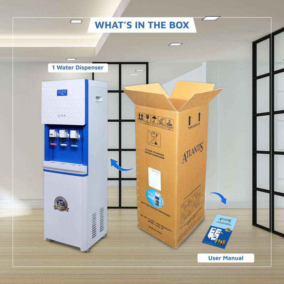 Atlantis Big Plus water dispenser for offices next to its packaging box and user manual