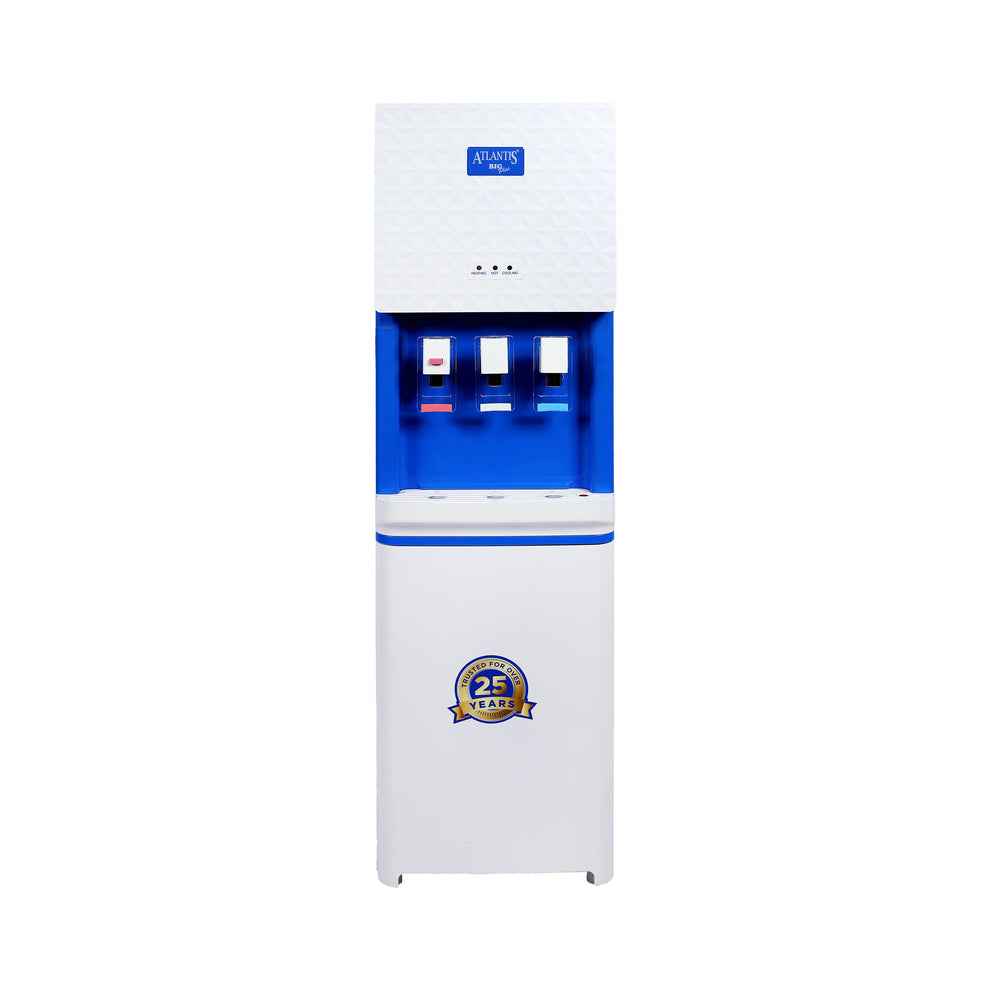 Atlantis Big Plus water dispenser for offices in white with blue accents and three taps