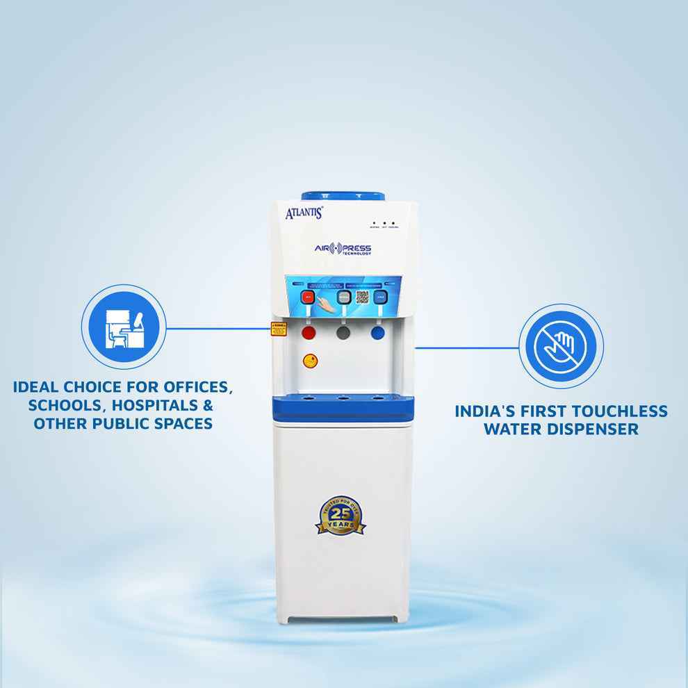 Atlantis Big Plus water dispenser in white and blue with touchless operation for offices and public spaces