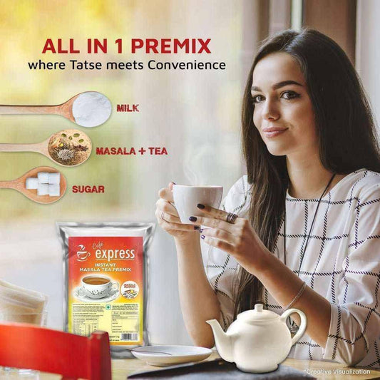 Woman enjoying a cup of Atlantis Cafe express masala tea online with premix packet and ingredients