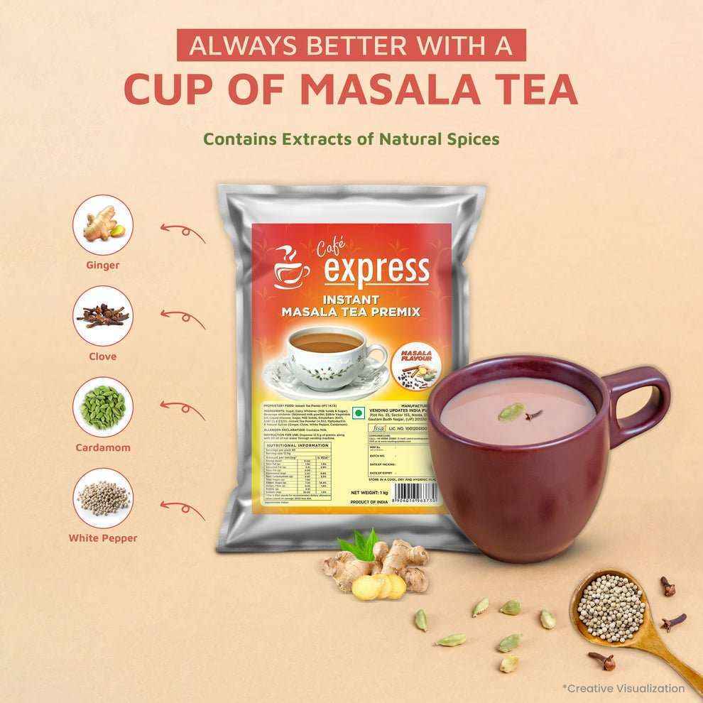 Atlantis Cafe Express Masala Tea premix 1kg packet with cup of spiced masala tea and natural spices