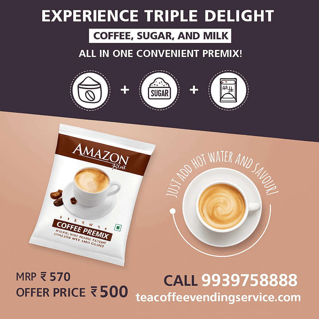 Amazon Plus Coffee Premix packet with a cup of coffee promoting Atlantis Classic 4 lane Coffee Machine