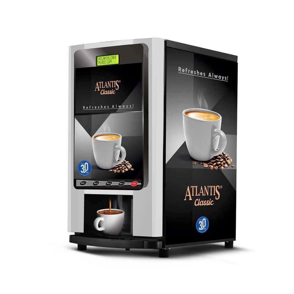 Atlantis Classic 4 lane Coffee Machine dispensing fresh coffee with cup and coffee beans display
