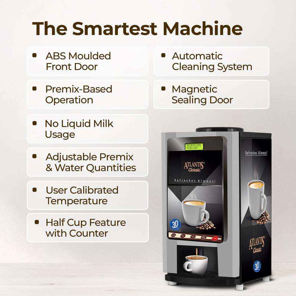 Atlantis Classic 4 lane Coffee Machine with automatic cleaning and magnetic sealing door displayed alongside key features