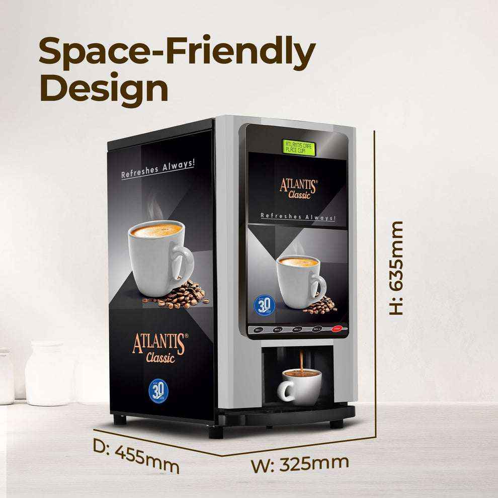 Atlantis Classic 4 lane Coffee Machine with space-friendly design showing product dimensions