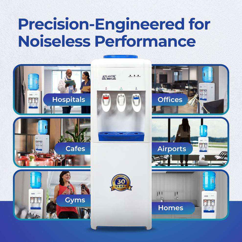 Atlantis floor standing water dispenser for noiseless performance in hospitals offices cafes airports gyms and homes