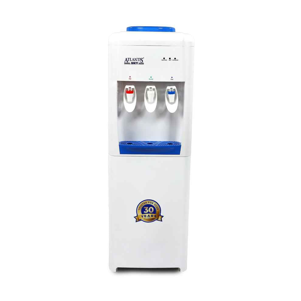 Atlantis floor standing water dispenser with three taps for hot cold and room temperature water