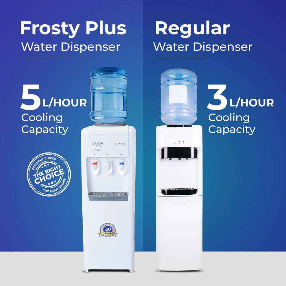 ATLANTIS FROSTY PLUS hot cold normal water dispenser with 5 litre per hour cooling capacity beside regular water dispenser