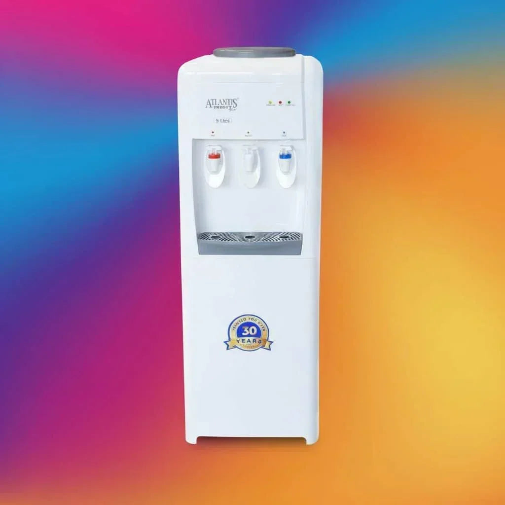 ATLANTIS FROSTY PLUS water cooler white standing unit with hot and cold taps and 30 year warranty badge