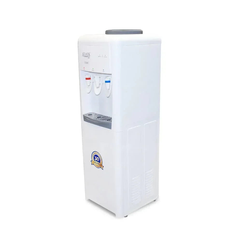 White ATLANTIS FROSTY PLUS water cooler with hot cold and normal water taps