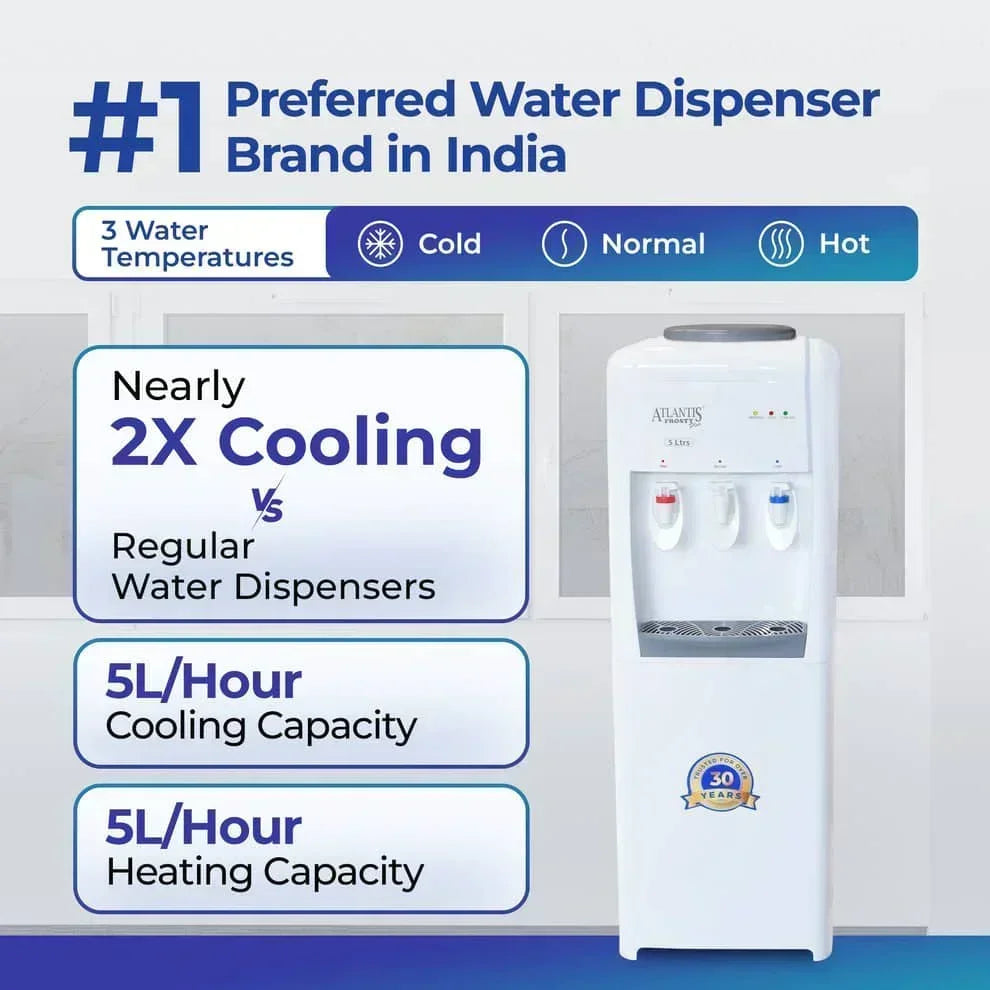 ATLANTIS FROSTY PLUS water cooler with 3 temperature options cold normal and hot and 5 liters per hour cooling and heating capacity