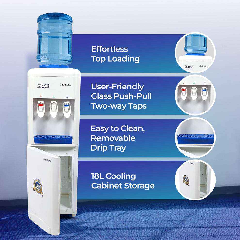 Hot and cold water dispenser for office with top loading, push-pull taps, removable drip tray and cooling cabinet