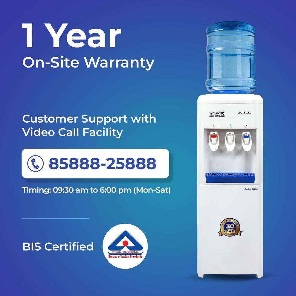 Hot and cold water dispenser for office with white body and blue water bottle on top