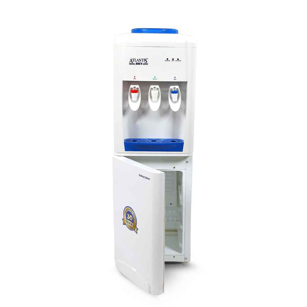 White hot and cold water dispenser for office with three taps and bottom storage compartment