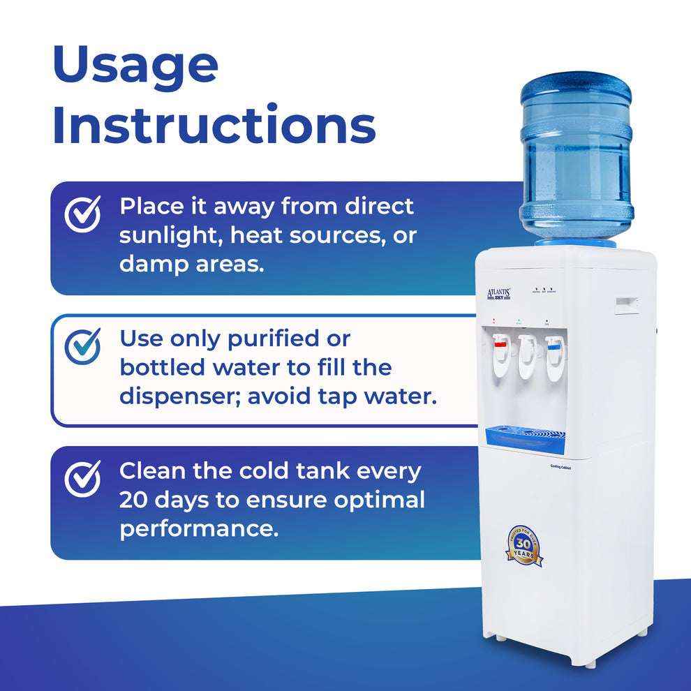 Hot and cold water dispenser for office with usage instructions and blue water bottle on top