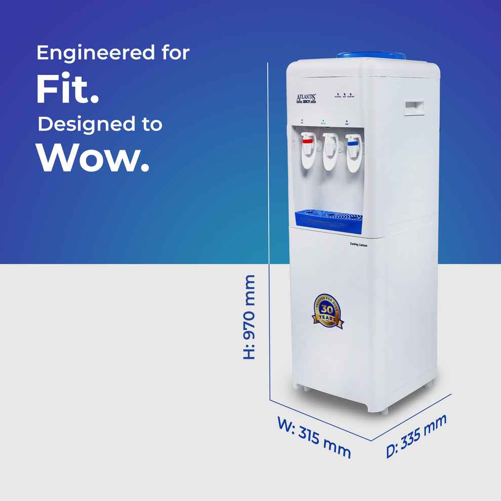 White hot and cold water dispenser for office with three taps and compact design