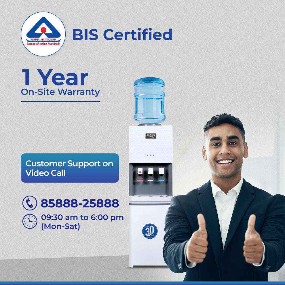ATLANTIS JUMBO PLUS water machine with water bottle on top and smiling man showing thumbs up