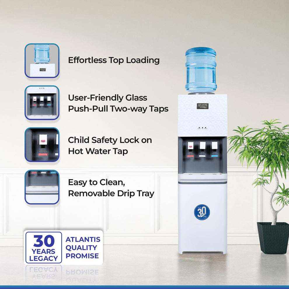 ATLANTIS JUMBO PLUS water machine with top loading, two-way taps, child safety lock, and removable drip tray