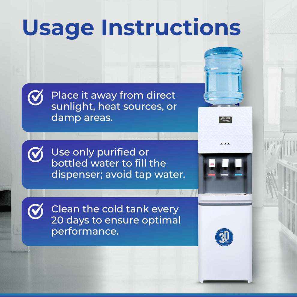 ATLANTIS JUMBO PLUS water machine with usage instructions displayed beside the white water dispenser