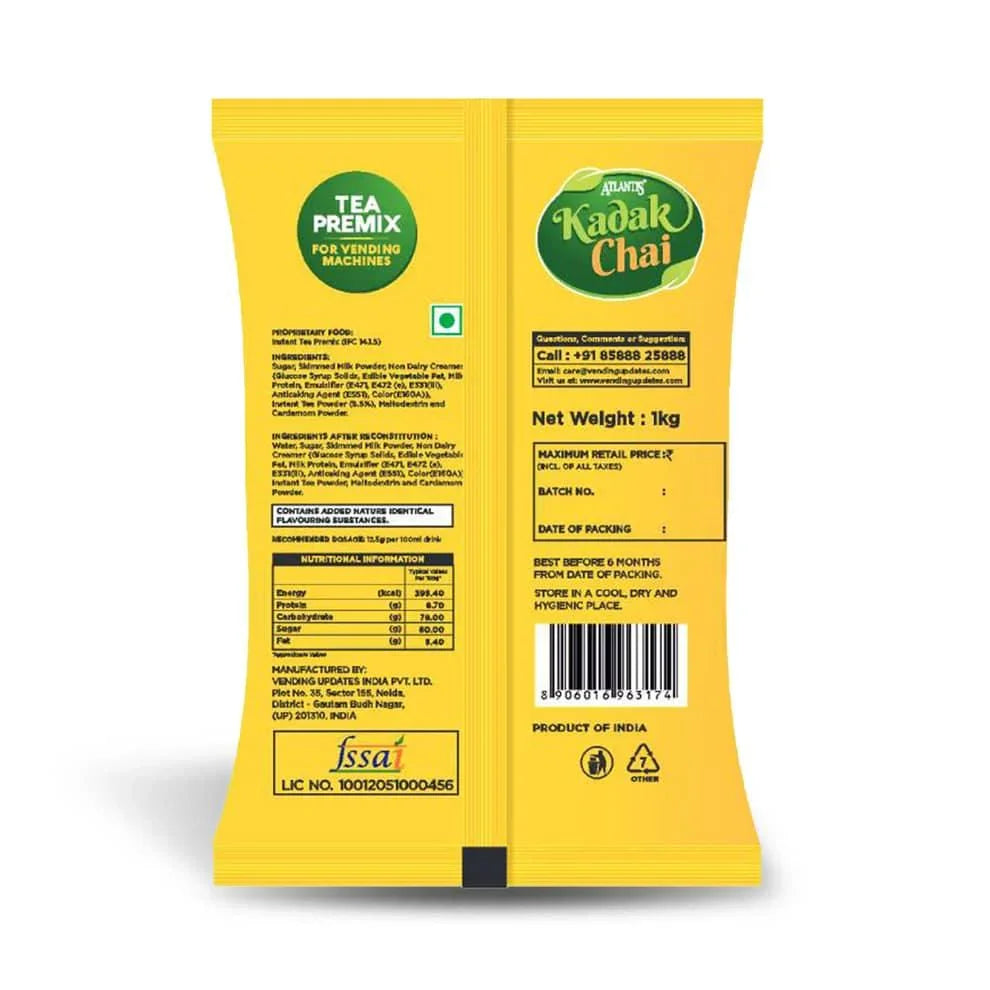 Atlantis Kadak 3-in-1 Tea premix yellow sachet for vending machines with 1kg net weight