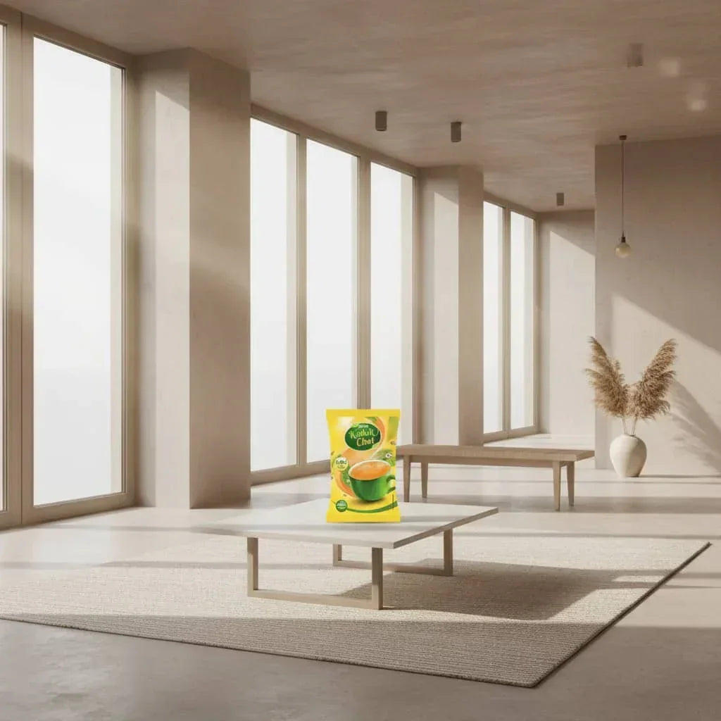 Atlantis Kadak Tea Premix 1 kg pack displayed on a modern wooden table in a bright spacious room