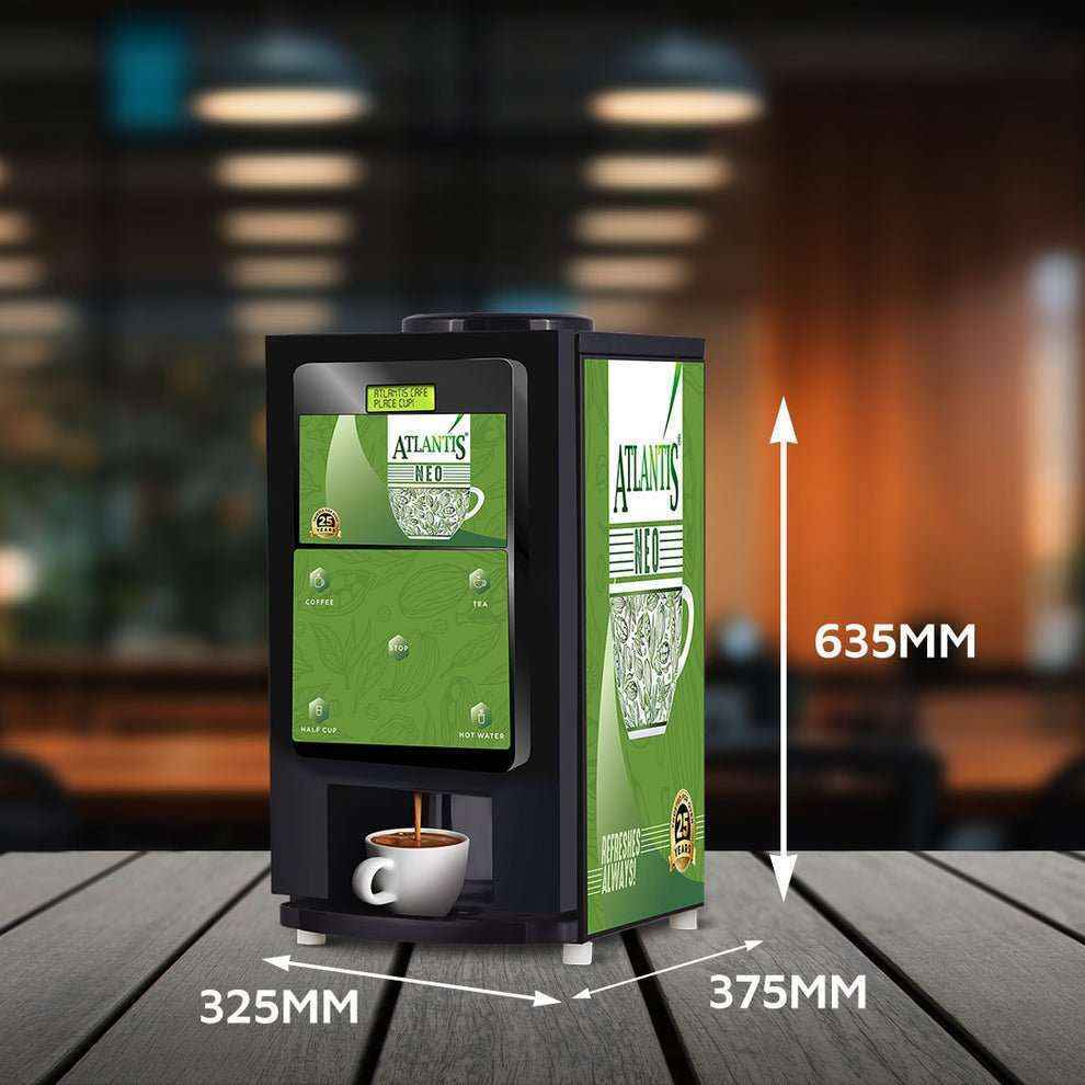 Atlantis Neo 2 lane tea and coffee vending machine in black and green with cup dispenser and measurements