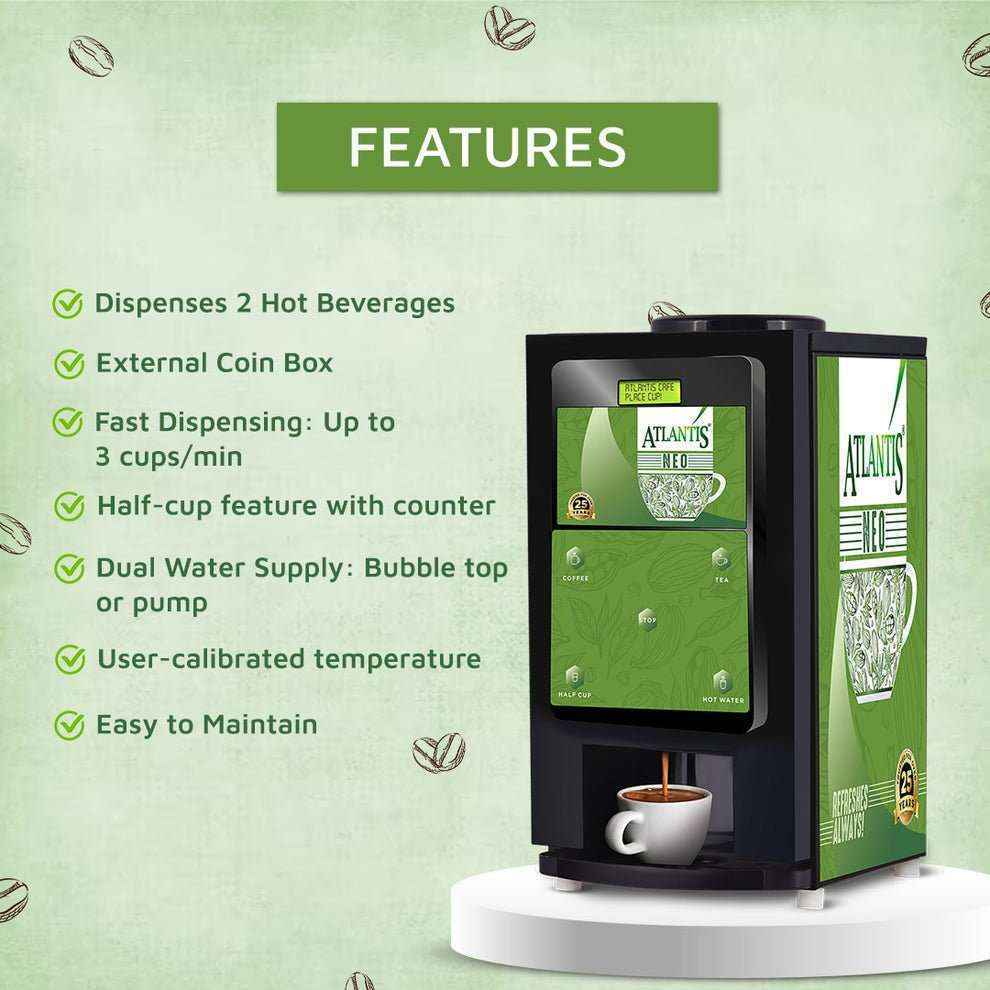 Atlantis Neo 2 lane tea and coffee vending machine with dual water supply and fast dispensing features