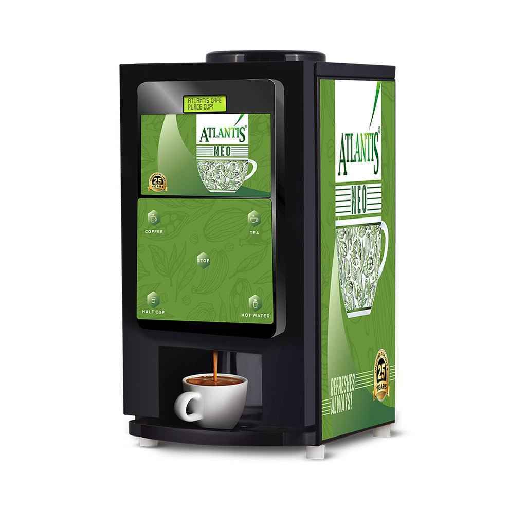 Atlantis Neo 2 lane tea and coffee vending machine dispensing a cup of hot beverage