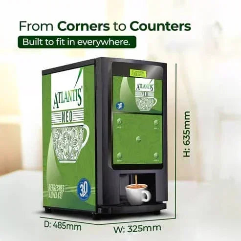 Atlantis Neo tea coffee vending machine in black and green with dimensions suitable for corners and counters