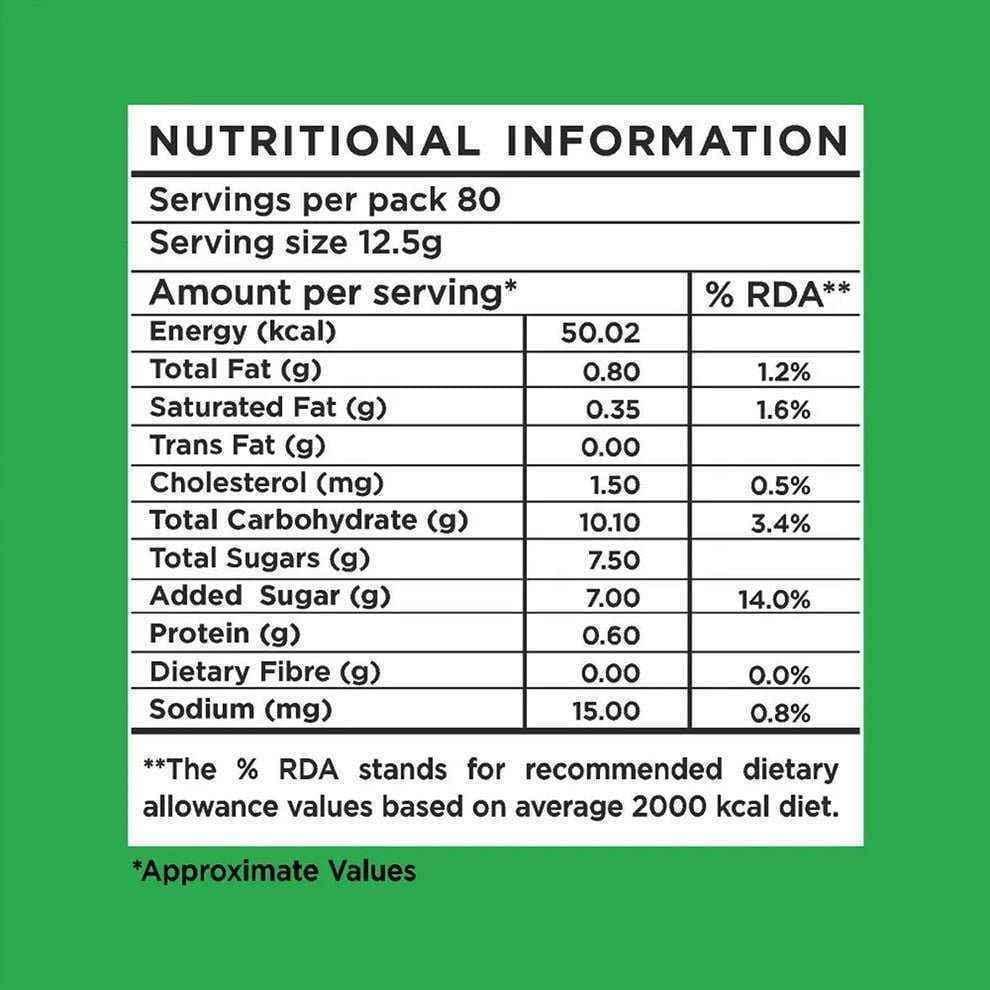 Nutritional information label for Atlantis Nukkad cardamom tea premix showing calories, fats, sugars, and protein per serving